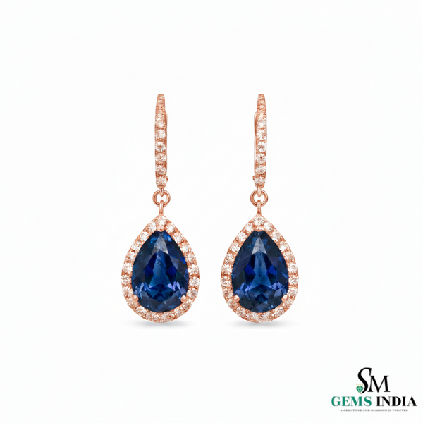 Pear Shaped Blue Sapphire and Diamond Halo Dangle Earrings - Sapphire Diamond Earrings