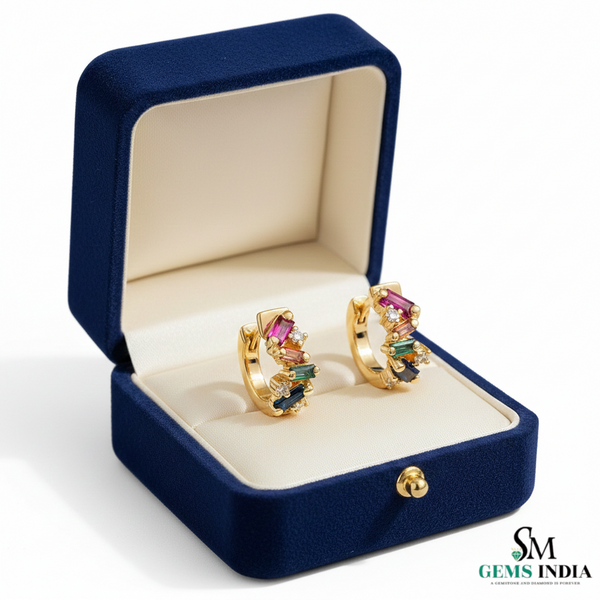 Rainbow Baguette Multi Gemstone & Diamond Huggie Hoop Earrings