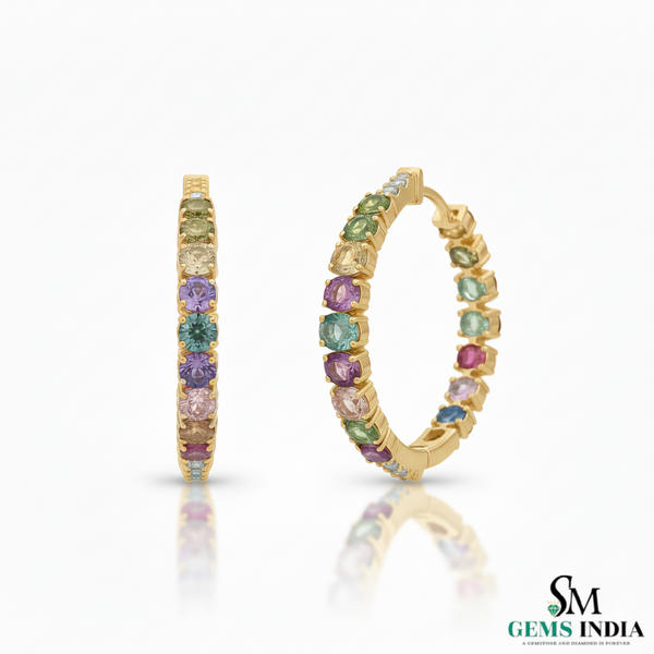 Oval and Round Gemstone Rainbow Hoop Earrings Vibrant Multicolor Hoops