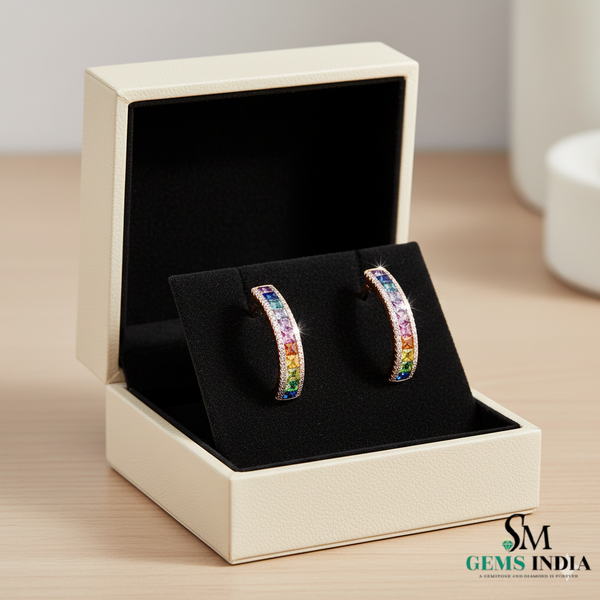 Princess cut Rainbow Sapphire Hoop Earrings in 18K Gold Channel-Set Hoop Earrings