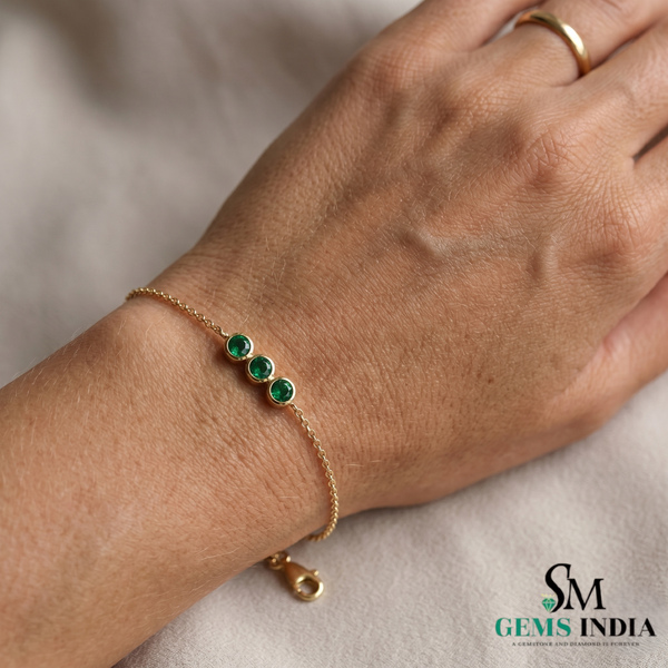 Fine Emerald Three Stone Bracelet – 14K Gold Bezel Set Trio Minimal Everyday Jewelry