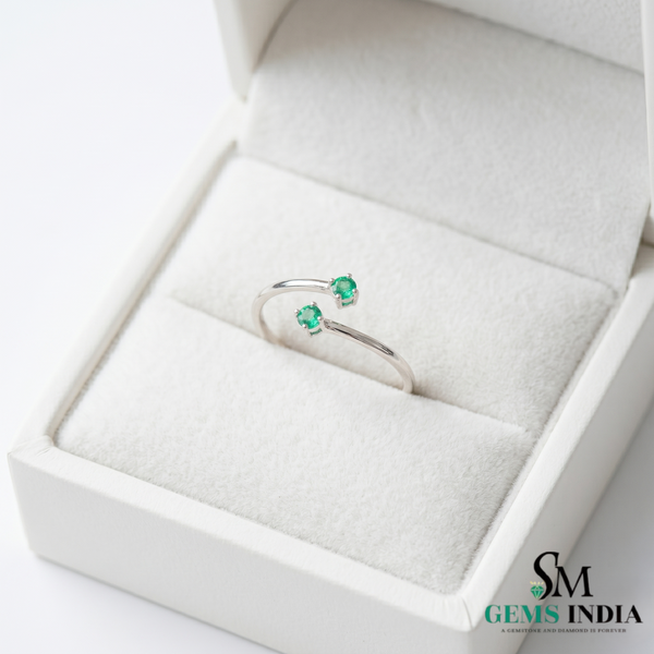 Emerald Bypass Ring in 14K Gold - Open Two Stone Adjustable Minimal Ring