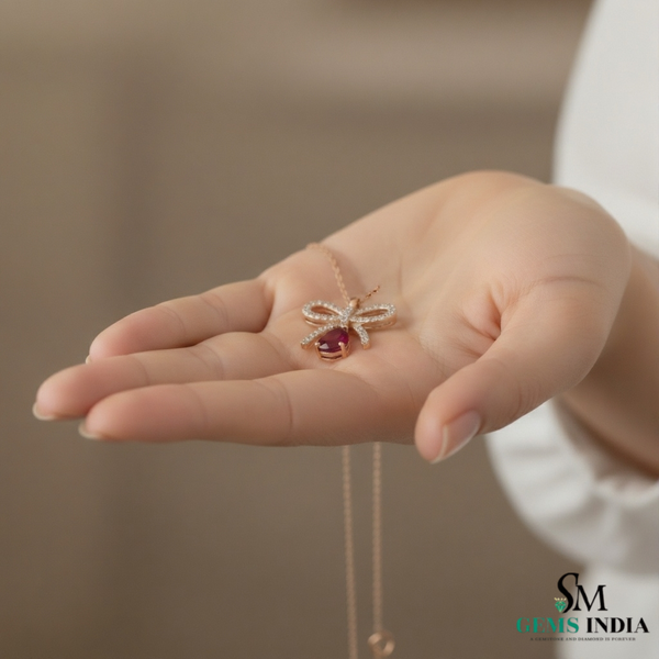 Chic Bow-Inspired Pear Ruby & Diamond Pendant in 14k gold Elegant Fine Jewelry