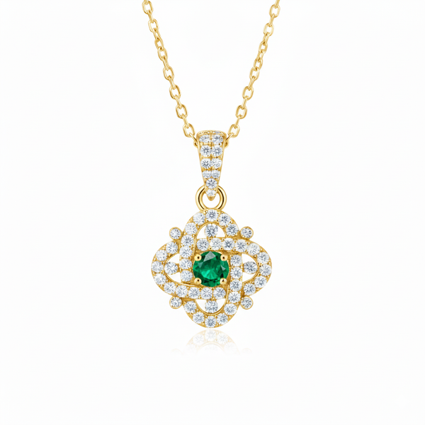 0.75 carat Round shaped Natural Emerald intertwined loops Cluster Pendant in 14k yellow gold