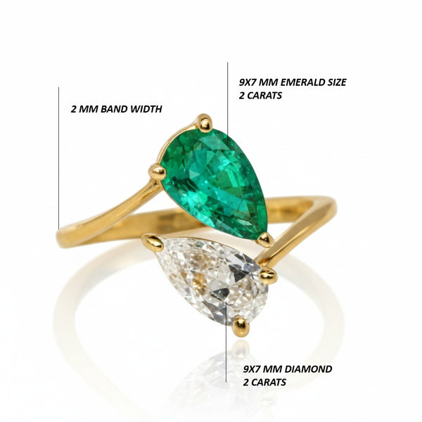 Pear Shape Natural Emerald And Moissanite Solitaire Ring - Women May Birthstone Gift Ring