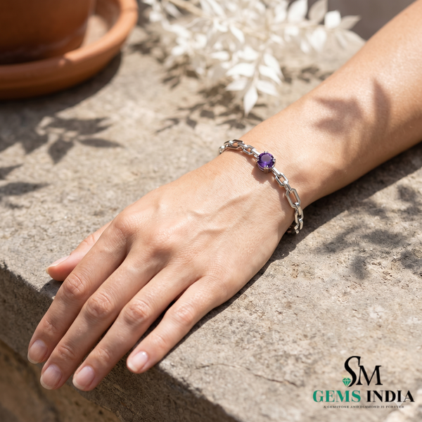 Natural Round Cut Amethyst Gemstone Link Chain Bracelet - Gemstone Jewelry Gift for Her