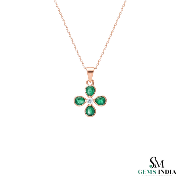Pear shaped Natural Emerald and Diamond Four-Leaf Clover Pendant in 14K Gold Gift for her