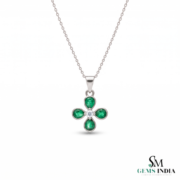 Pear shaped Natural Emerald and Diamond Four-Leaf Clover Pendant in 14K Gold Gift for her