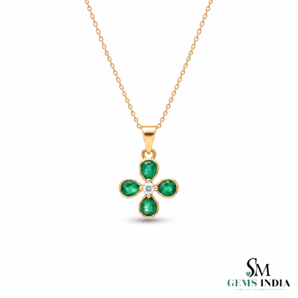 Pear shaped Natural Emerald and Diamond Four-Leaf Clover Pendant in 14K Gold Gift for her