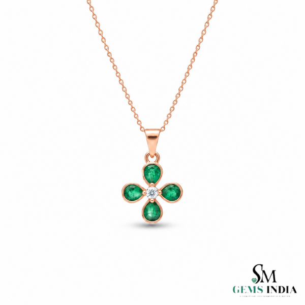 Pear shaped Natural Emerald and Diamond Four-Leaf Clover Pendant in 14K Gold Gift for her