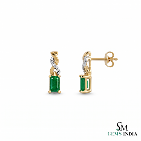 Emerald cut Natural Emerald and Diamond Twist Drop Earrings in 14K Gold Wedding Gift for her