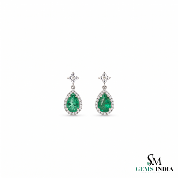 2.30 Carat Pear-Shaped Natural Emerald and Diamond Halo Drop Earrings in 18k Gold
