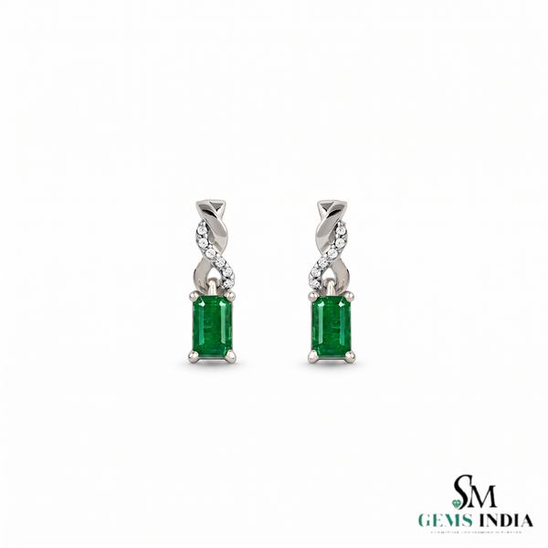 Emerald cut Natural Emerald and Diamond Twist Drop Earrings in 14K Gold Wedding Gift for her