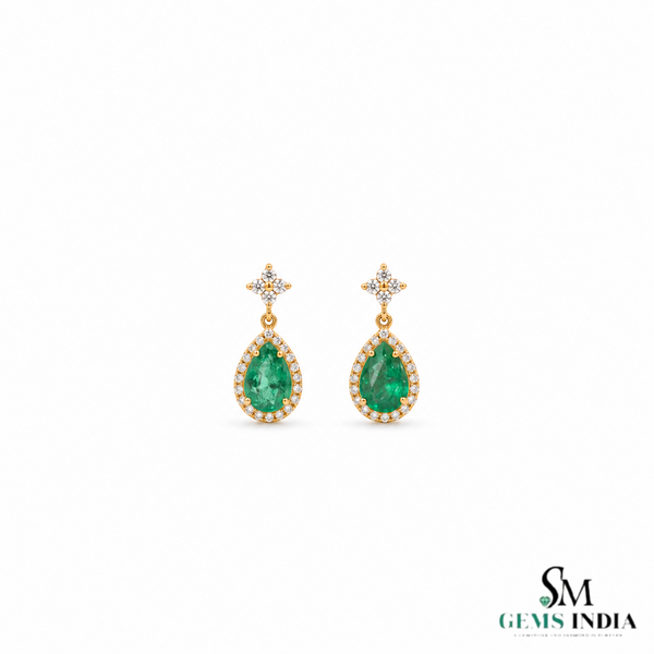 2.30 Carat Pear-Shaped Natural Emerald and Diamond Halo Drop Earrings in 18k Gold