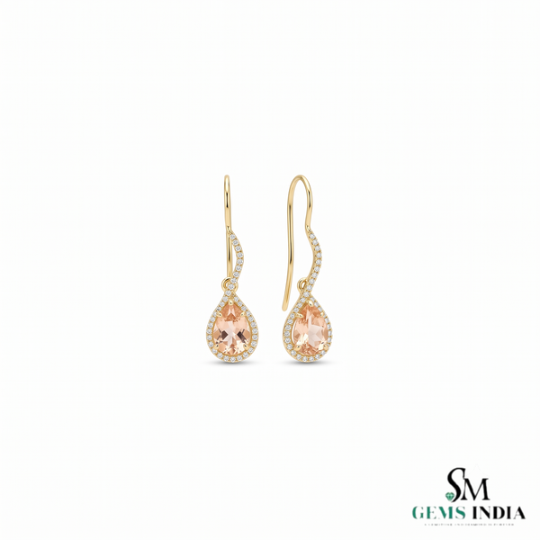 Pear Cut Morganite Drop Earrings with Diamond Halo - Gemstone Jewelry for Women