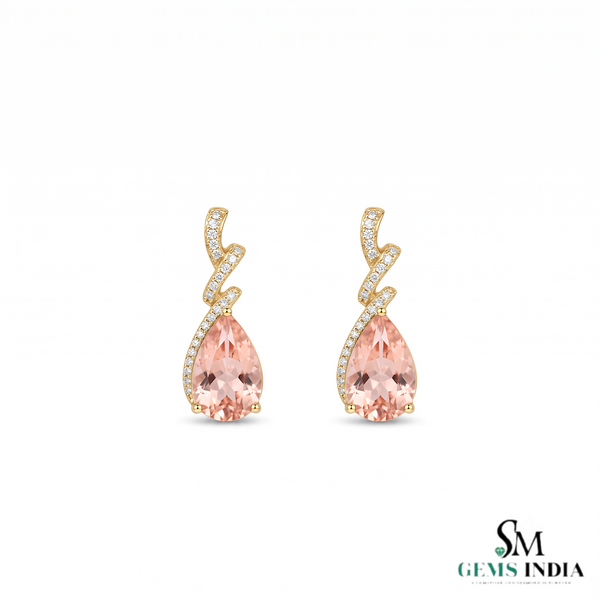 Natural Morganite Pear Cut Drop Earrings with Diamond Accents - Gemstone Jewelry Gift
