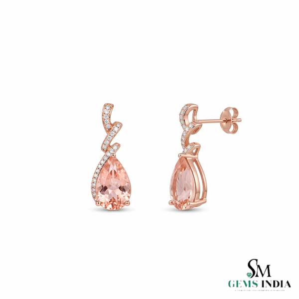 Natural Morganite Pear Cut Drop Earrings with Diamond Accents - Gemstone Jewelry Gift