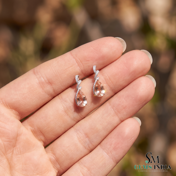 Natural Morganite Pear Cut Drop Earrings with Diamond Accents - Gemstone Jewelry Gift