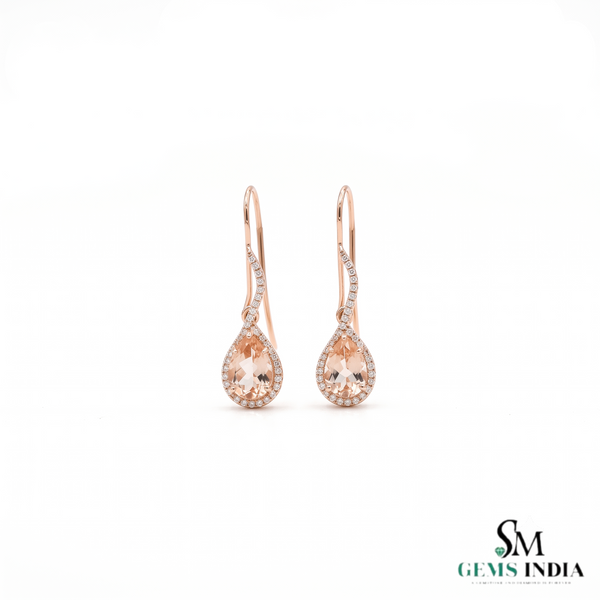 Pear Cut Morganite Drop Earrings with Diamond Halo - Gemstone Jewelry for Women