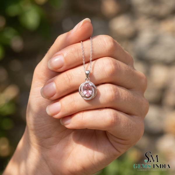 Pink Morganite Oval Pendant With Diamond Accent Halo - Romantic Gift For Women