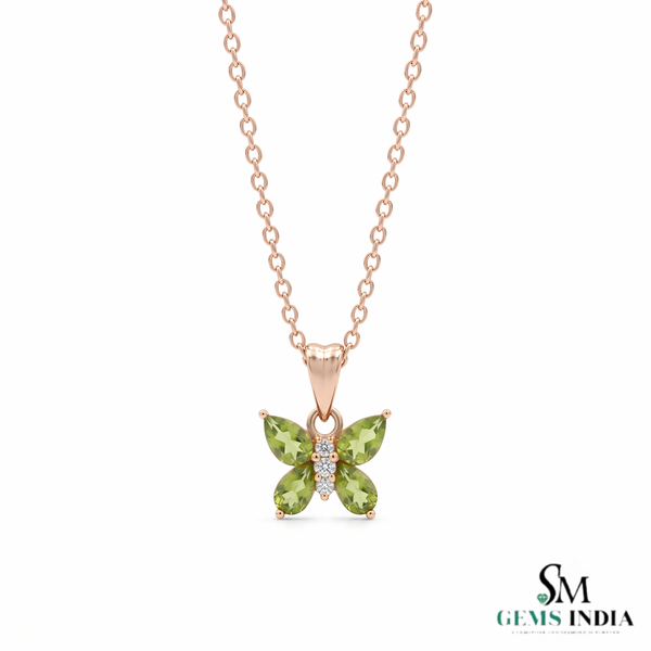 Pear Cut Peridot and Diamond Butterfly Pendant - Green Gemstone Jewelry
