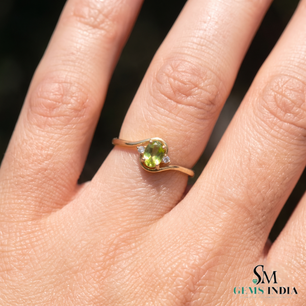 Oval Peridot Wave Ring With Diamond Accents – Elegant Fine Jewelry For Women