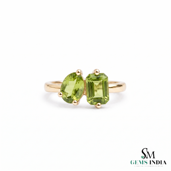 Dual Peridot Gemstone Ring With Oval & Emerald Cut Stones – Unique Fine Jewelry Gift For Her