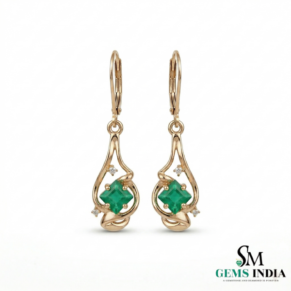 Modern Princess Cut Emerald Drop Earrings with Diamond Accents