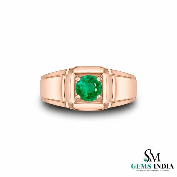 Round Cut Green Emerald Signet Ring - Modern Minimalist Fine Jewelry Gift