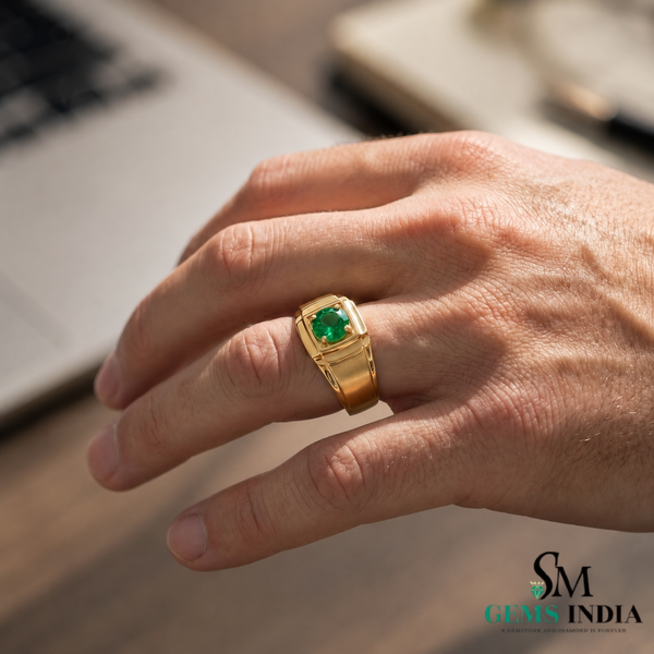 Round Cut Green Emerald Signet Ring - Modern Minimalist Fine Jewelry Gift