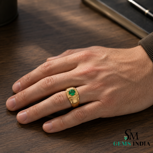 Round Cut Green Emerald Signet Ring - Modern Minimalist Fine Jewelry Gift