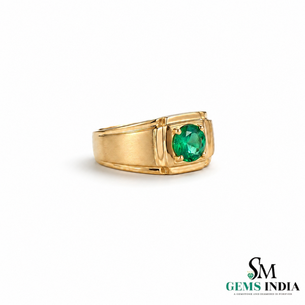 Round Cut Green Emerald Signet Ring - Modern Minimalist Fine Jewelry Gift