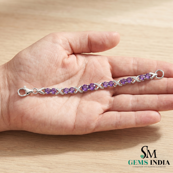 Round Cut Amethyst Infinity Link Bracelet with Diamond Accents