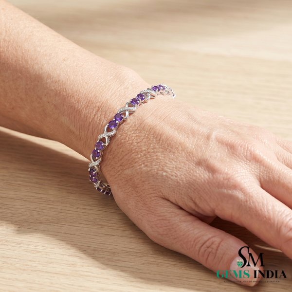 Round Cut Amethyst Infinity Link Bracelet with Diamond Accents