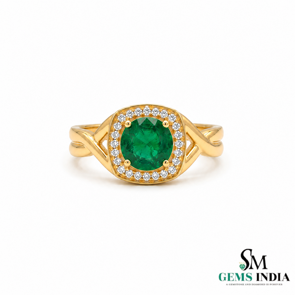 Men’s Emerald Halo Signet Ring - Round Cut Green Emerald Diamond Statement Ring for Him