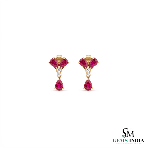 Pear Cut Ruby & Diamond Leaf Drop Earrings - Elegant Ruby Dangle Statement Earrings for Women