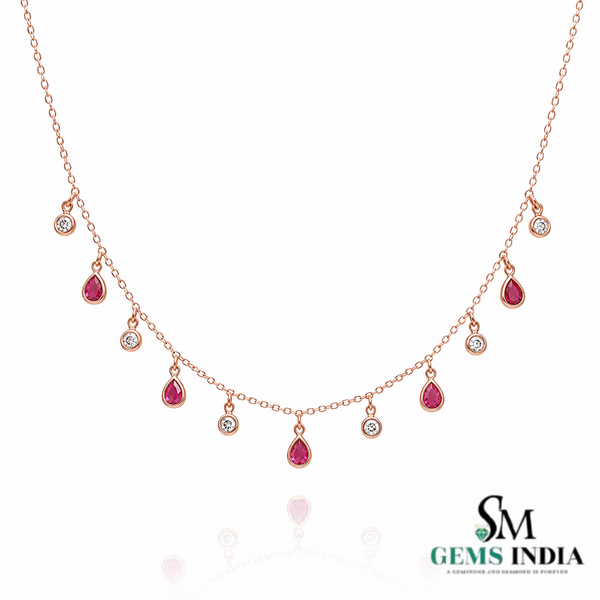 Pear Cut Ruby & Round Diamond Dangle Station Necklace - July Birthstone Jewelry