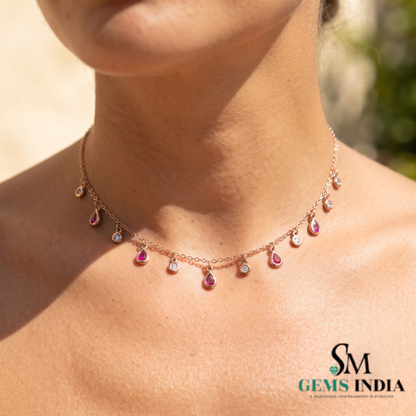 Pear Cut Ruby & Round Diamond Dangle Station Necklace - July Birthstone Jewelry