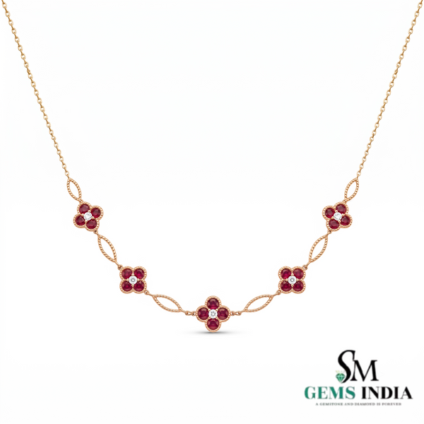 Round Natural Ruby Flower Blossom Necklace - Luxury Gift For Her