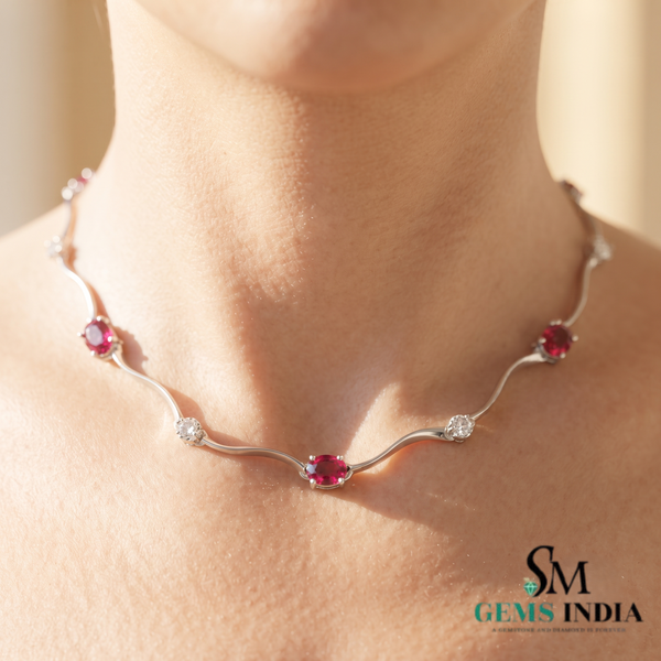 Ruby Red Oval Gemstone & Diamond Accent Wave Necklace for Women
