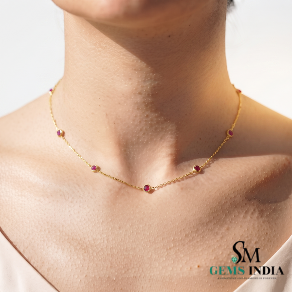 Minimalist Round Ruby Station Necklace - Anniversary Gift for Her
