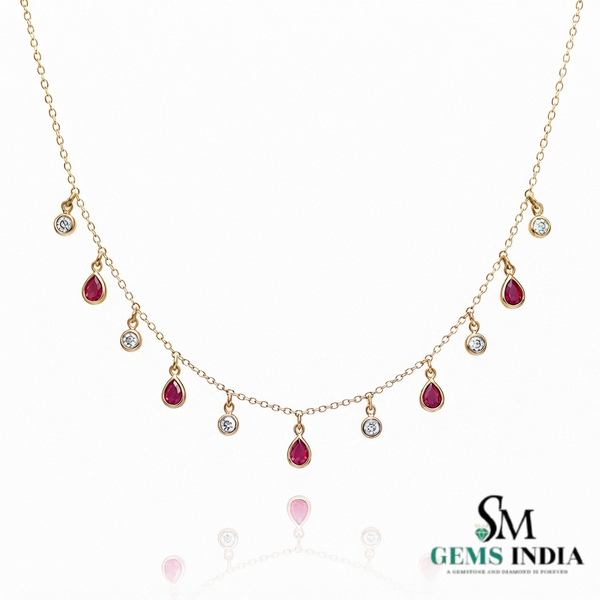 Pear Cut Ruby & Round Diamond Dangle Station Necklace - July Birthstone Jewelry