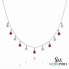 Pear Cut Ruby & Round Diamond Dangle Station Necklace - July Birthstone Jewelry
