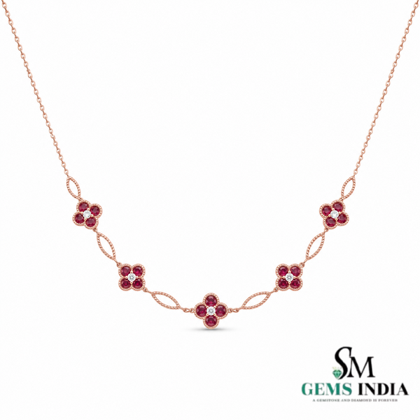 Round Natural Ruby Flower Blossom Necklace - Luxury Gift For Her