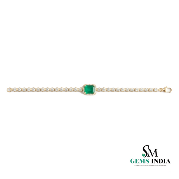 Diamond Tennis Bracelet with Emerald cut Emerald Center Stone - Gift for Her