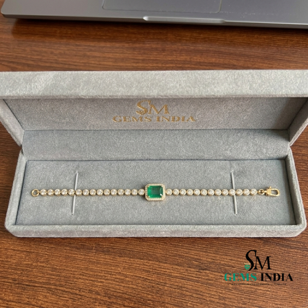 Diamond Tennis Bracelet with Emerald cut Emerald Center Stone - Gift for Her
