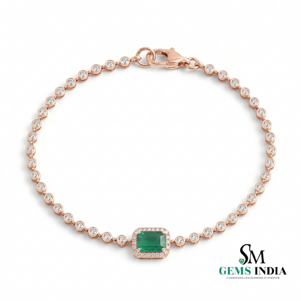 Diamond Tennis Bracelet with Emerald cut Emerald Center Stone - Gift for Her