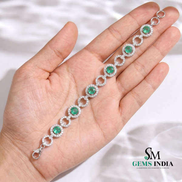 Emerald & Diamond Halo Link Bracelet - Green Gemstone Bracelet