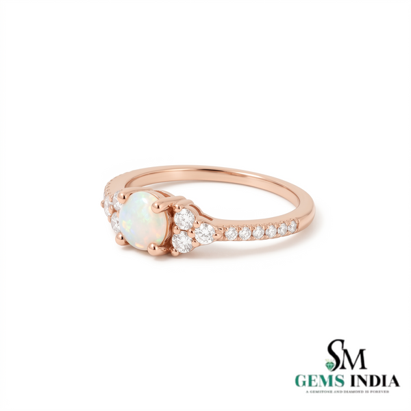 Round Opal Solitaire Ring with Diamond Side Stones - Fine Jewelry Gift