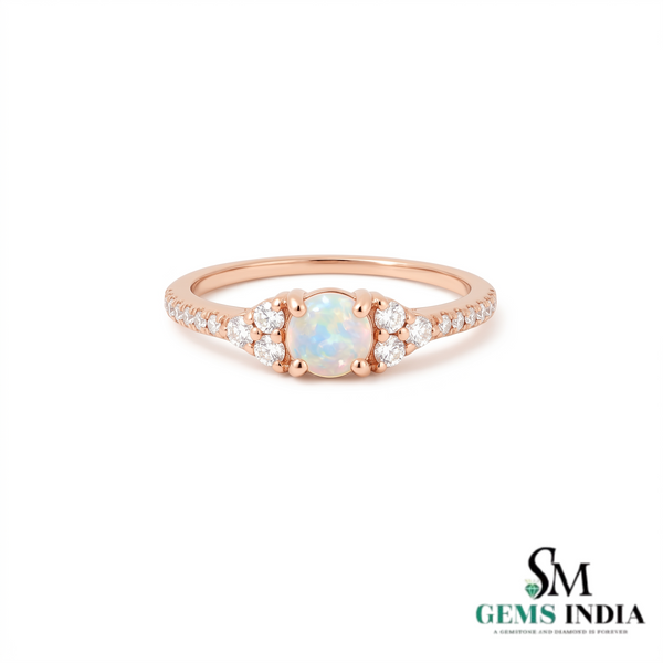 Round Opal Solitaire Ring with Diamond Side Stones - Fine Jewelry Gift